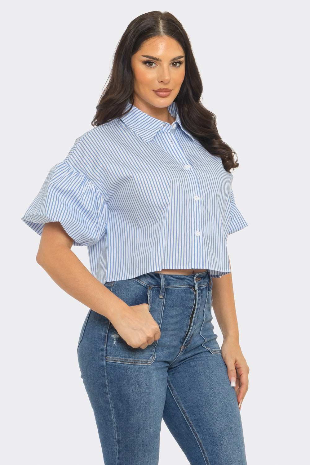 040926 The Blue Stripe Button Down Bubble Sleeve Shirts Crop Top