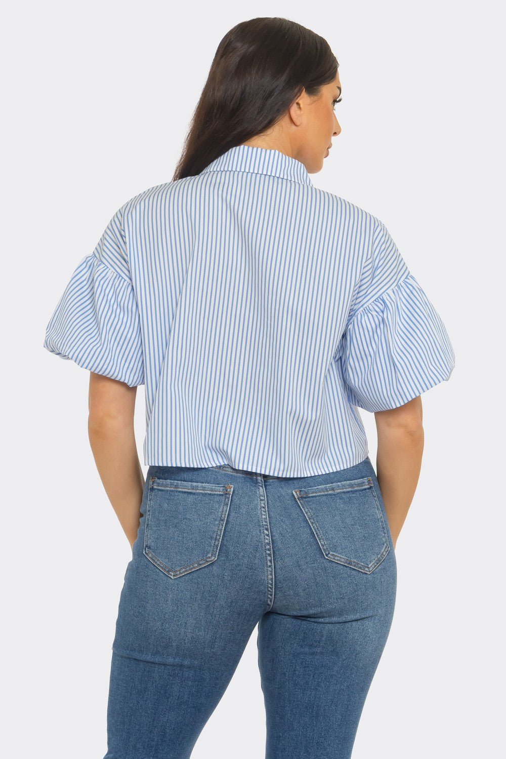 040926 The Blue Stripe Button Down Bubble Sleeve Shirts Crop Top