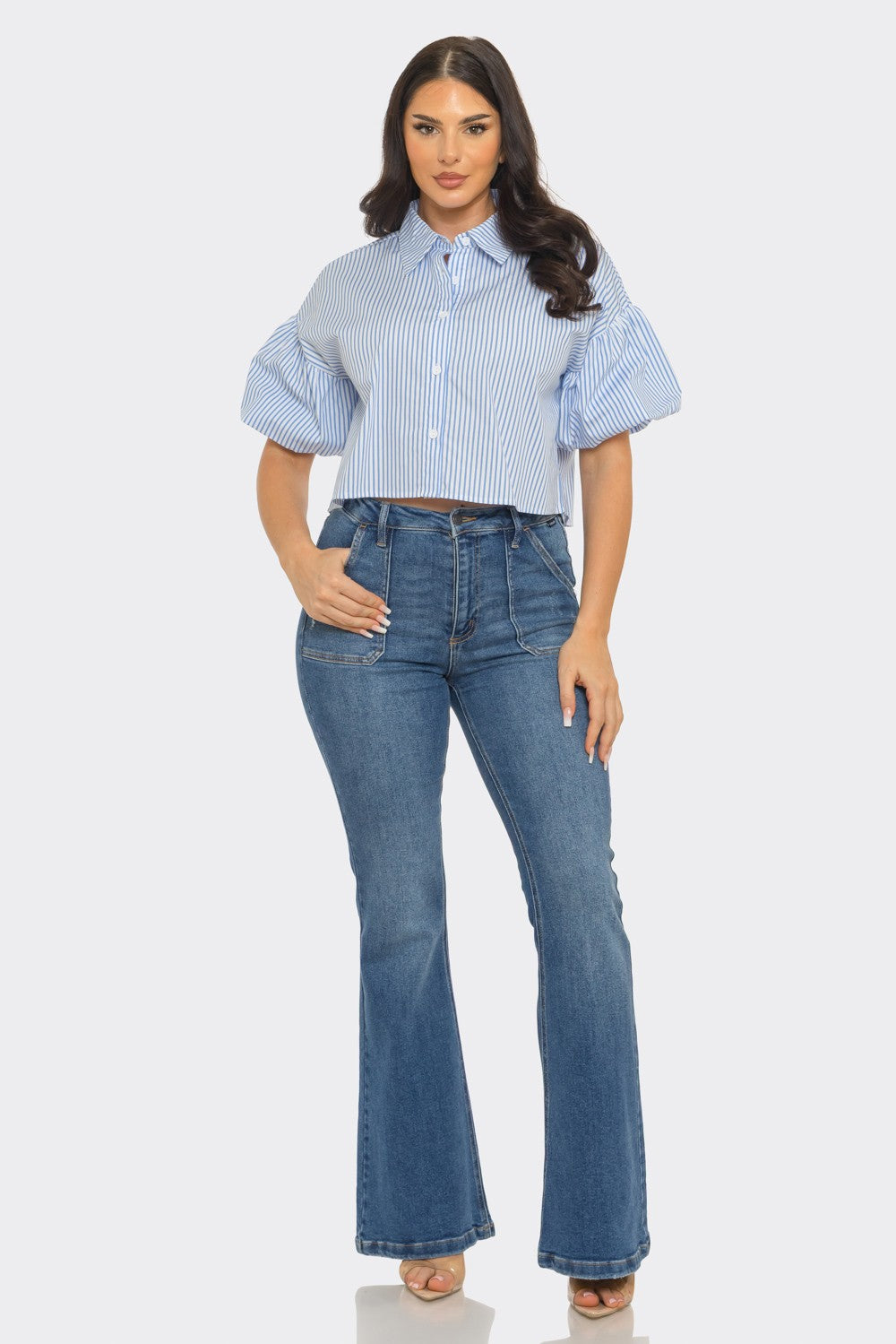 040926 The Blue Stripe Button Down Bubble Sleeve Shirts Crop Top