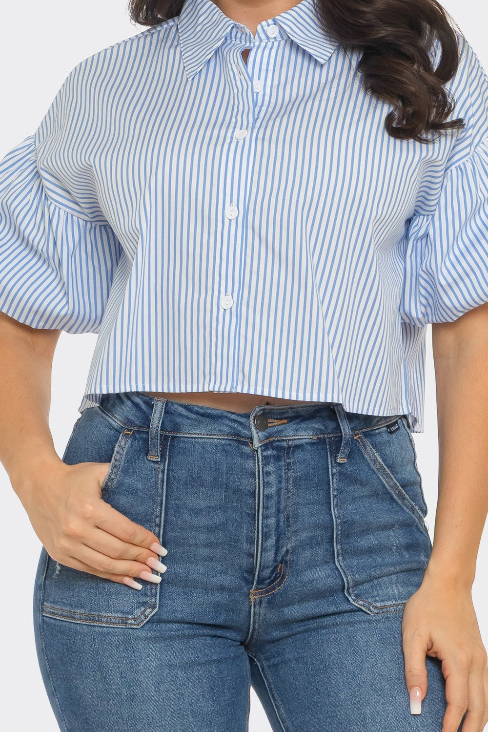 040926 The Blue Stripe Button Down Bubble Sleeve Shirts Crop Top