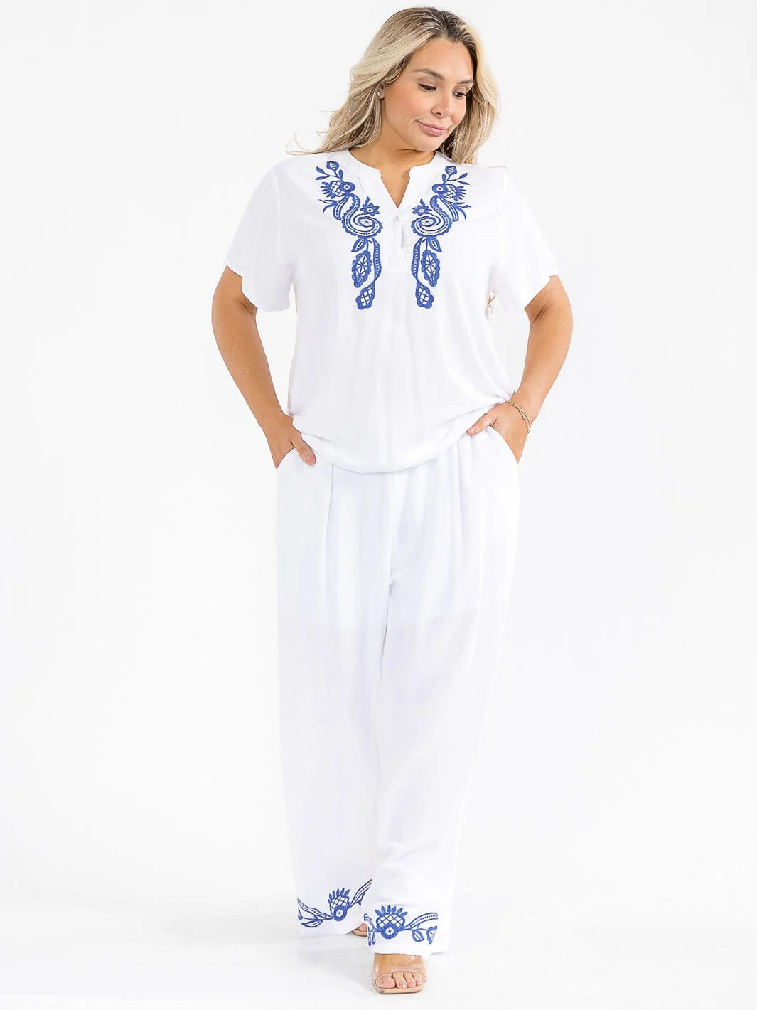 040926 The White Linen Embroidery Pant & Blouse Set