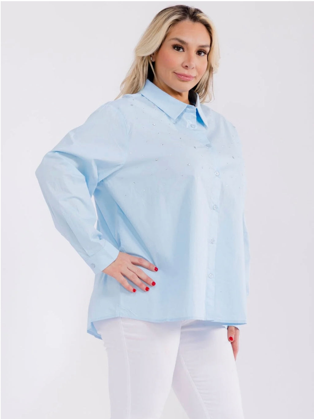 040926 Skyblue Buttons Down Rhinstone Blouse