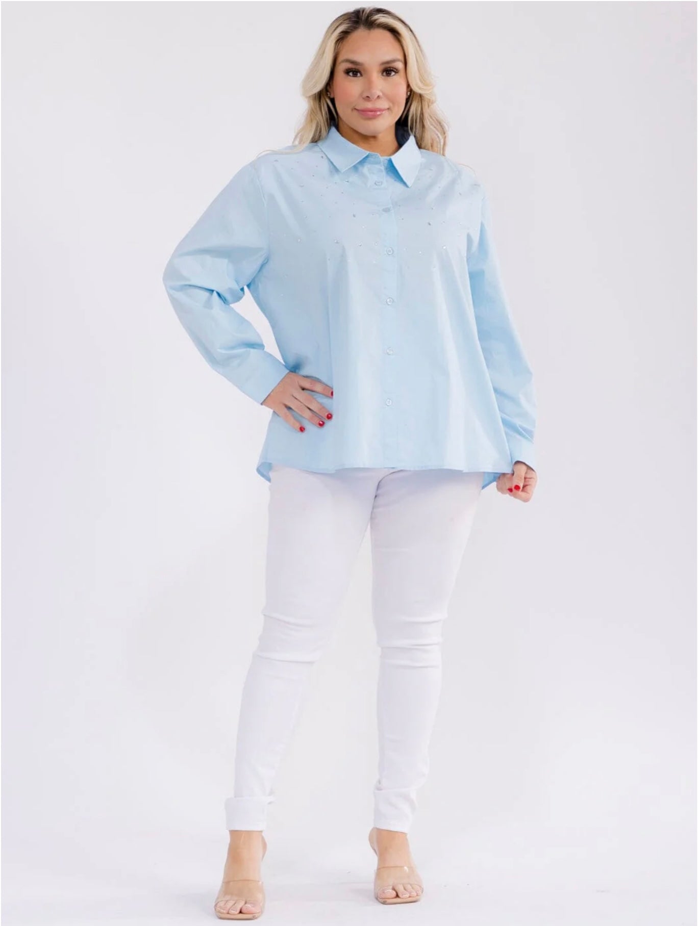 040926 Skyblue Buttons Down Rhinstone Blouse