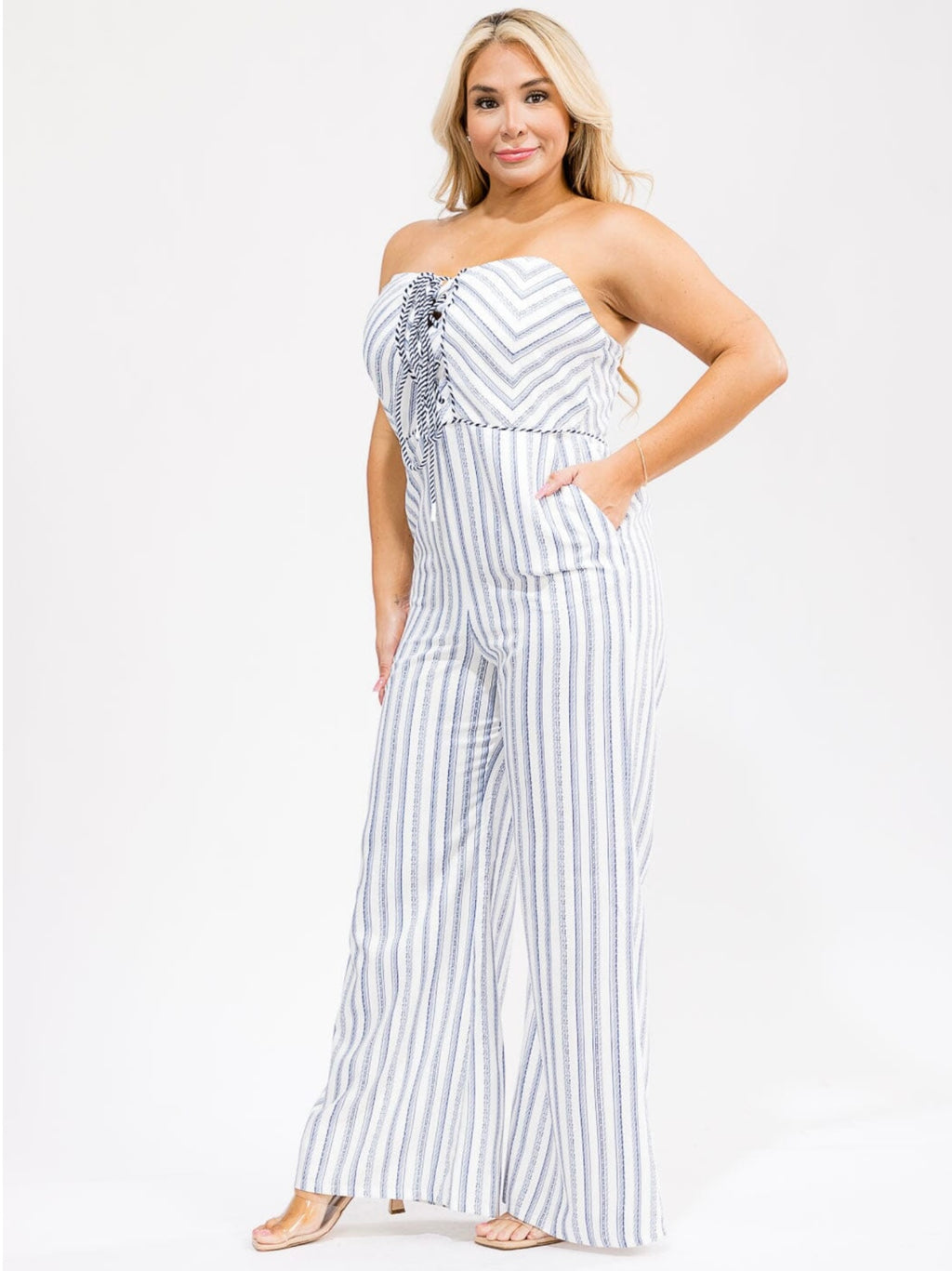 040926 White Navy Stripes Wide Legs Bustier Jumpsuit