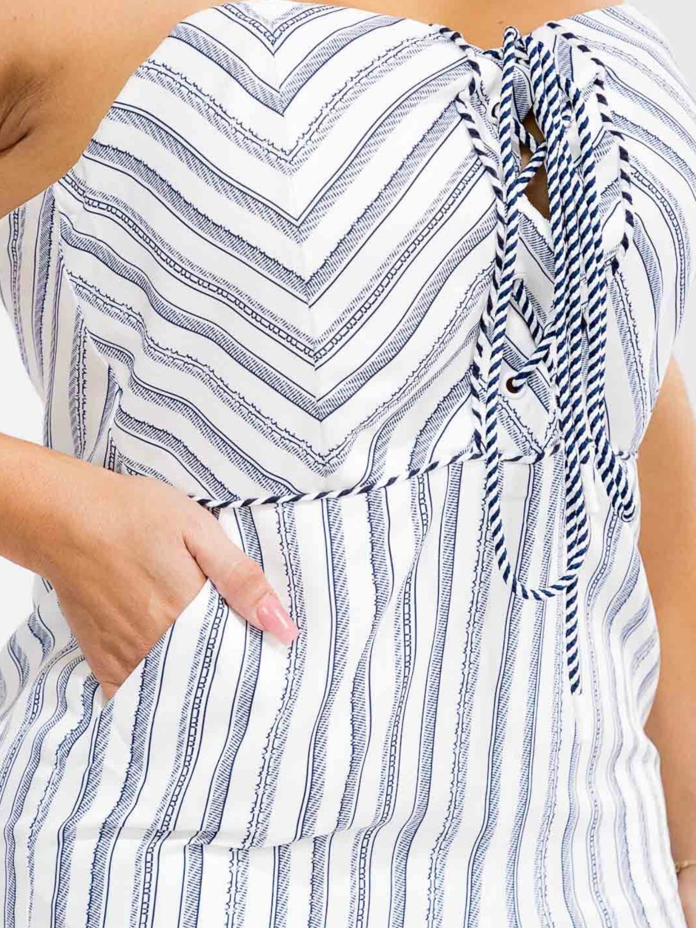 040926 White Navy Stripes Wide Legs Bustier Jumpsuit