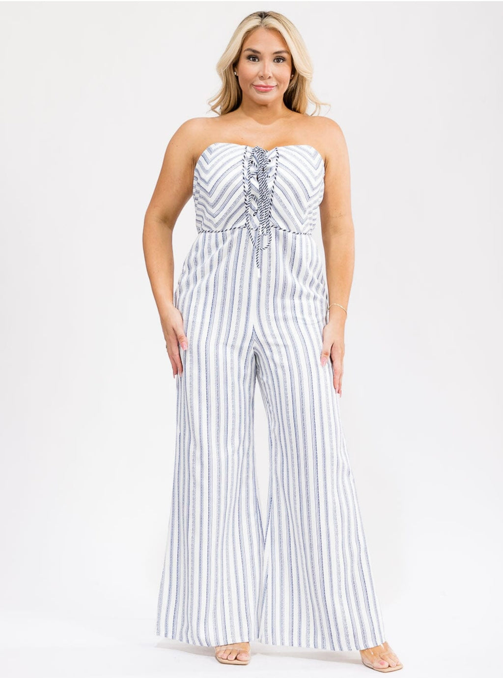 040926 White Navy Stripes Wide Legs Bustier Jumpsuit