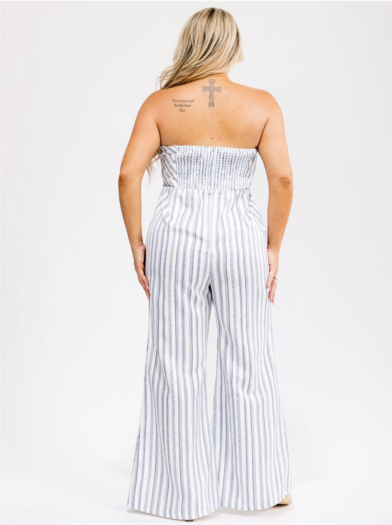 040926 White Navy Stripes Wide Legs Bustier Jumpsuit