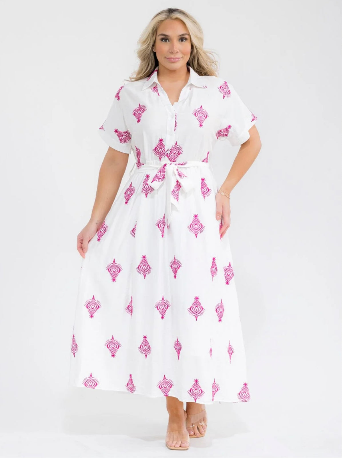040926 The White with Fuschia Embroidered Short Sleeve Dress