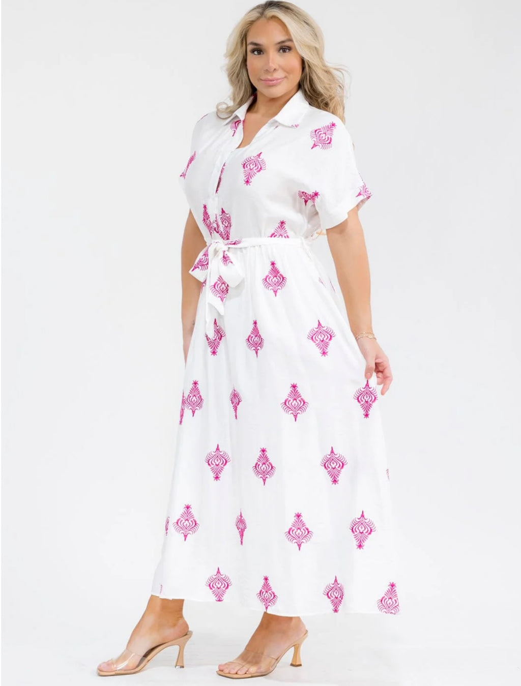 040926 The White with Fuschia Embroidered Short Sleeve Dress
