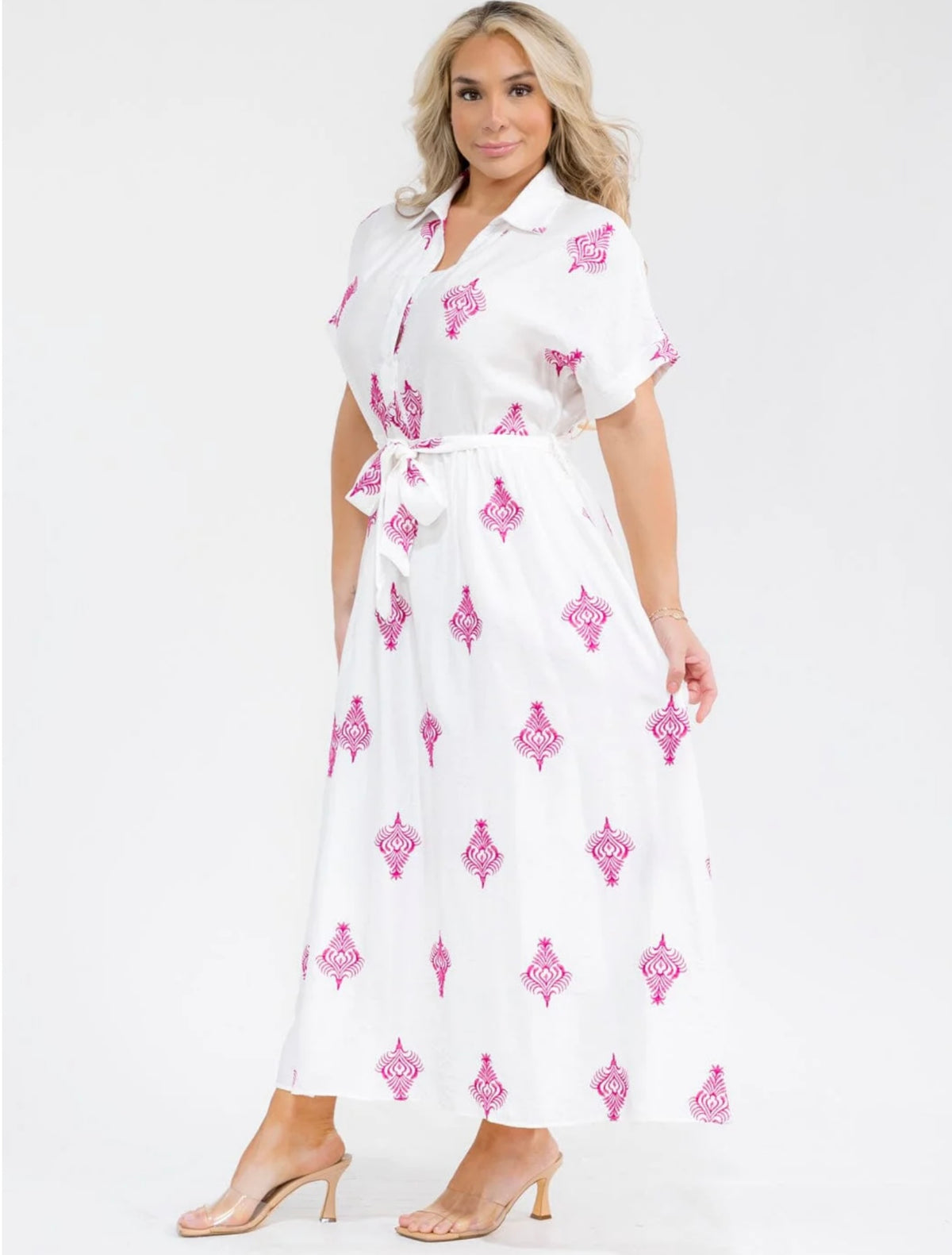 040926 The White with Fuschia Embroidered Short Sleeve Dress