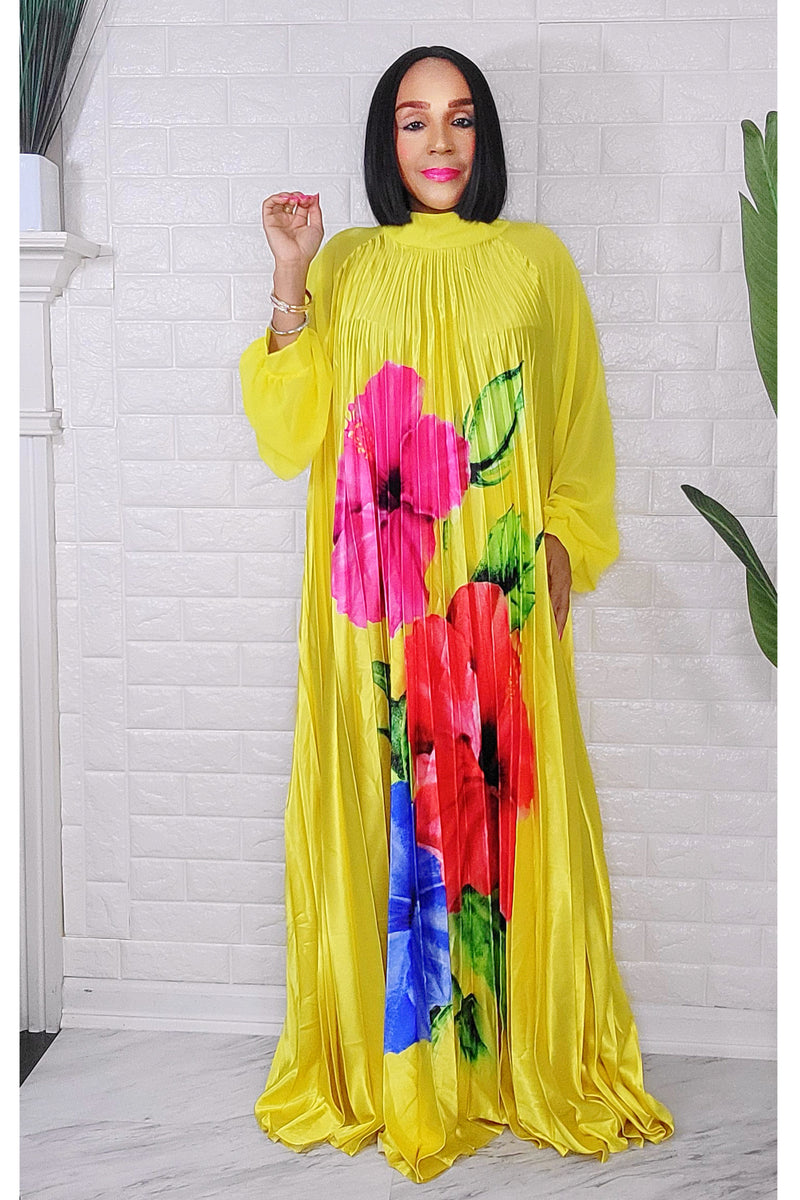042623  Yellow Spring Has Sprung Pleated Maxi Dress