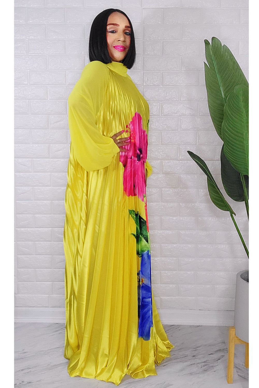 042623  Yellow Spring Has Sprung Pleated Maxi Dress