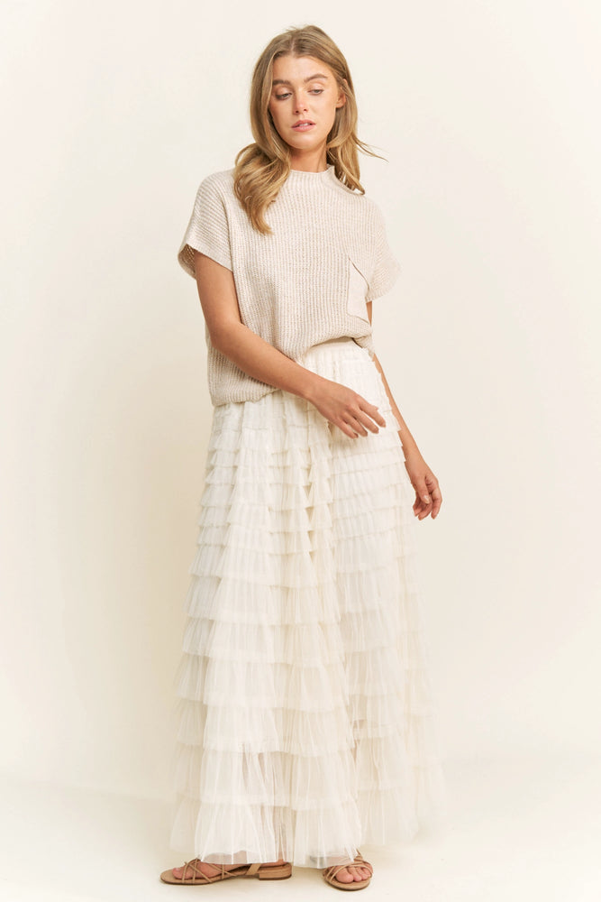 112725  Cream Cascading Tulle Mesh Tiered Max Skirt- PREORDER