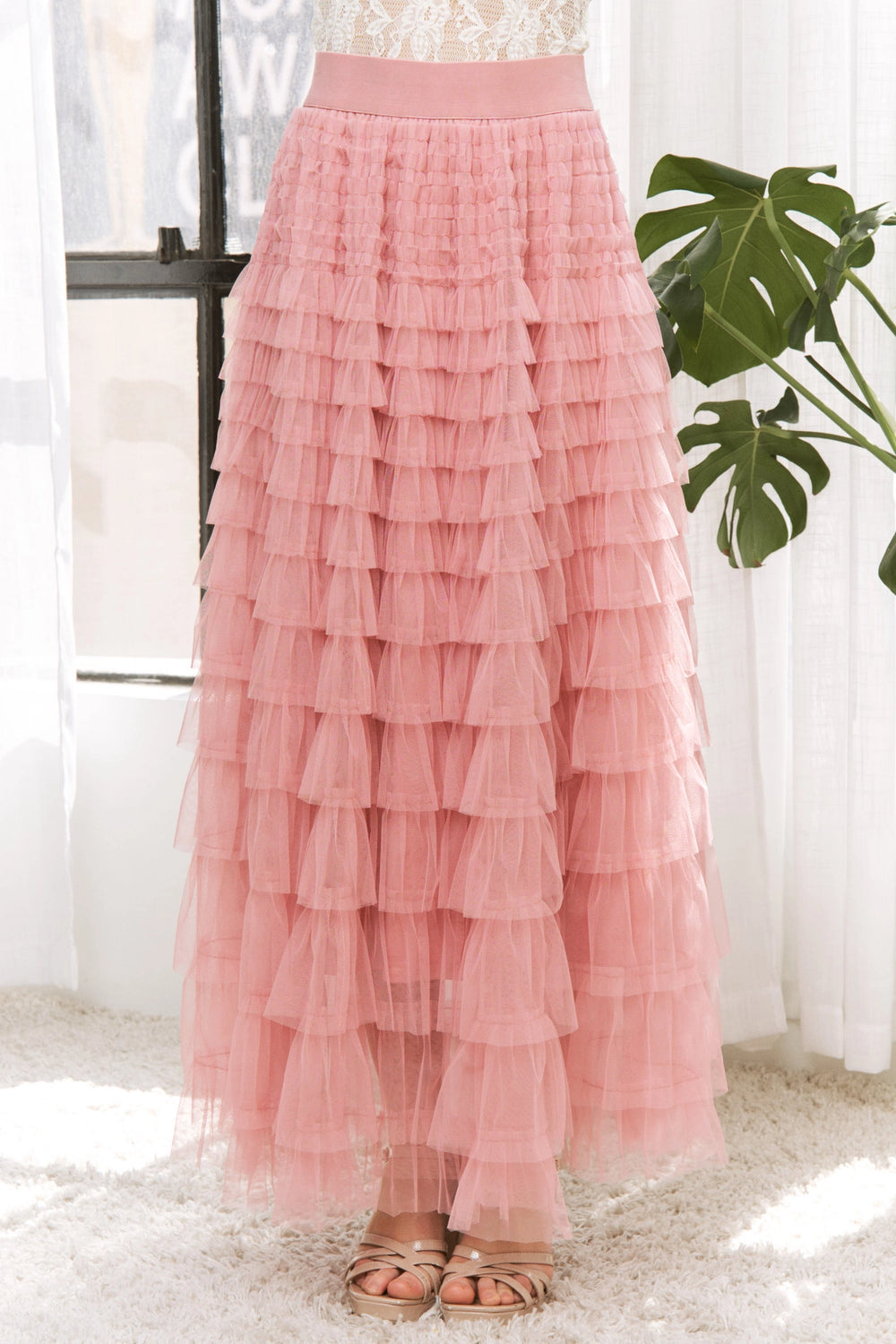 041326 Dusty Rose Cascading Tulle Mesh Tiered Max Skirt- PREORDER