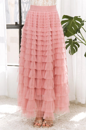 041326 Dusty Rose Cascading Tulle Mesh Tiered Max Skirt- PREORDER