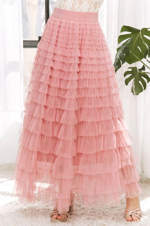 041326 Dusty Rose Cascading Tulle Mesh Tiered Max Skirt- PREORDER