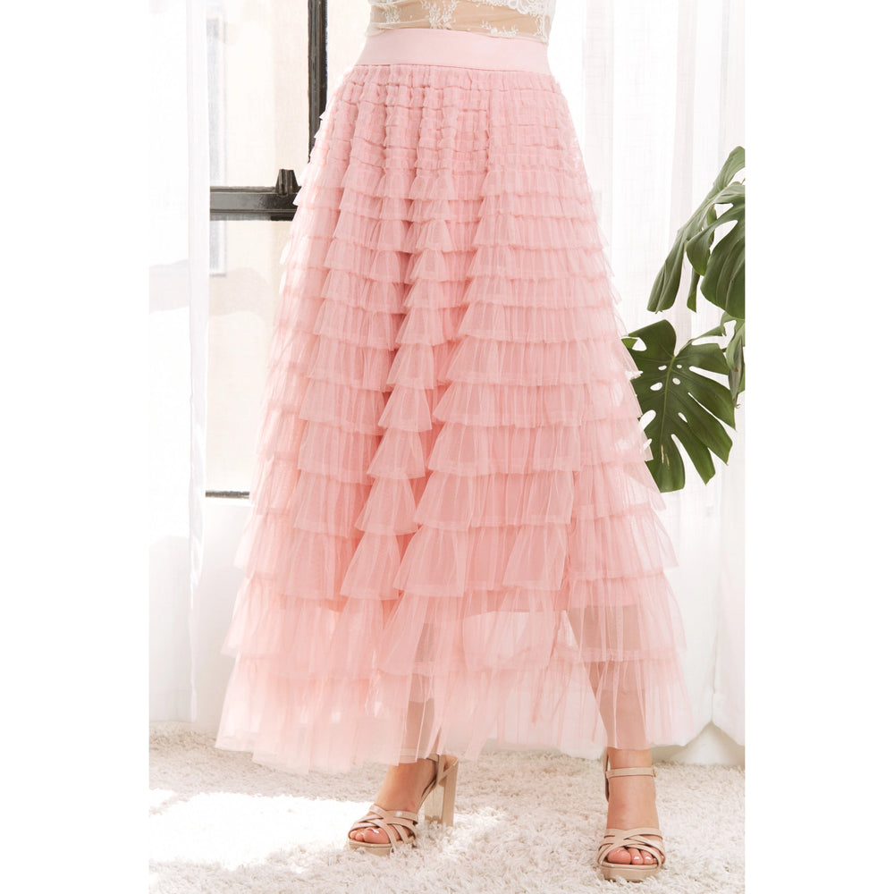 041326 Blush Cascading Tulle Mesh Tiered Max Skirt PREORDER
