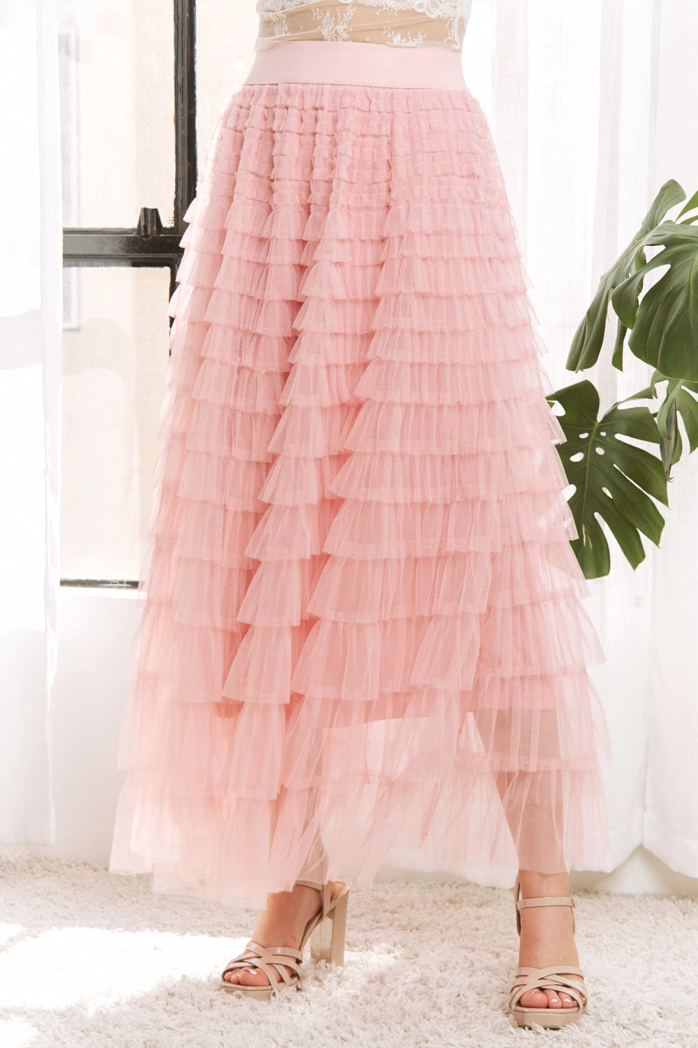 041326 Blush Cascading Tulle Mesh Tiered Max Skirt PREORDER