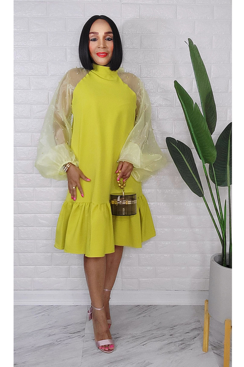 042723 The Green Cute Organza Pearls Puff Sleeve Midi Dress