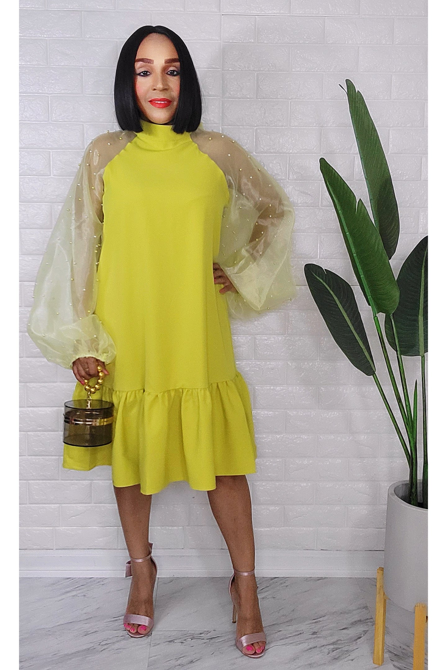 042723 The Green Cute Organza Pearls Puff Sleeve Midi Dress