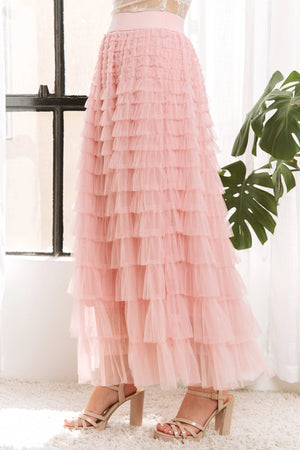 041326 Blush Cascading Tulle Mesh Tiered Max Skirt PREORDER