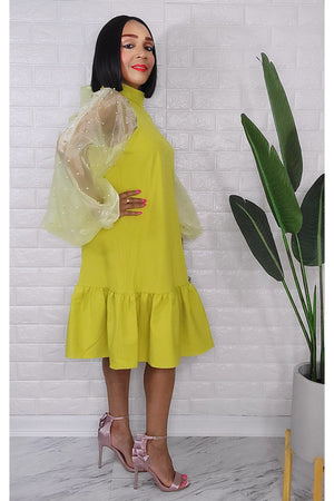 042723 The Green Cute Organza Pearls Puff Sleeve Midi Dress