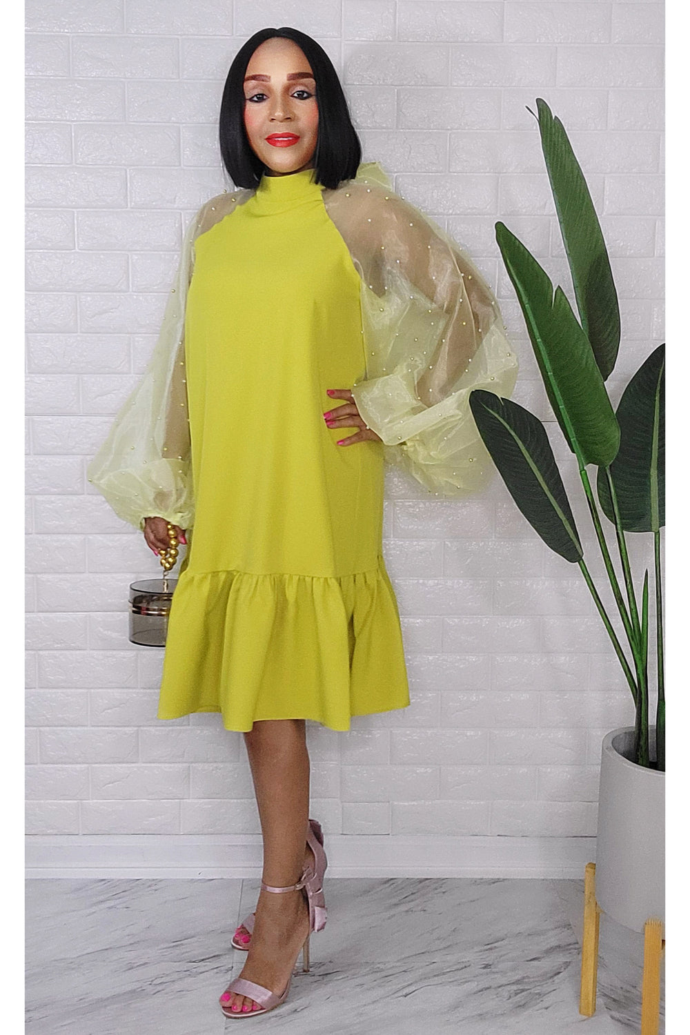 042723 The Green Cute Organza Pearls Puff Sleeve Midi Dress