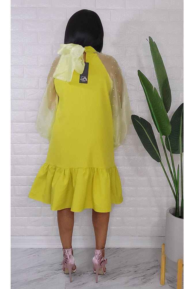 042723 The Green Cute Organza Pearls Puff Sleeve Midi Dress