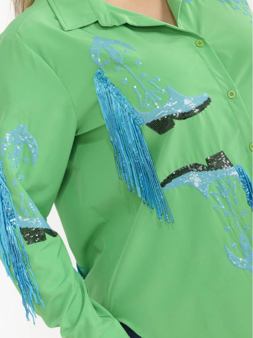 041626 Green With Blue Fringe Plus Size Long Sleeve Sleeve Button Down Sequins Top