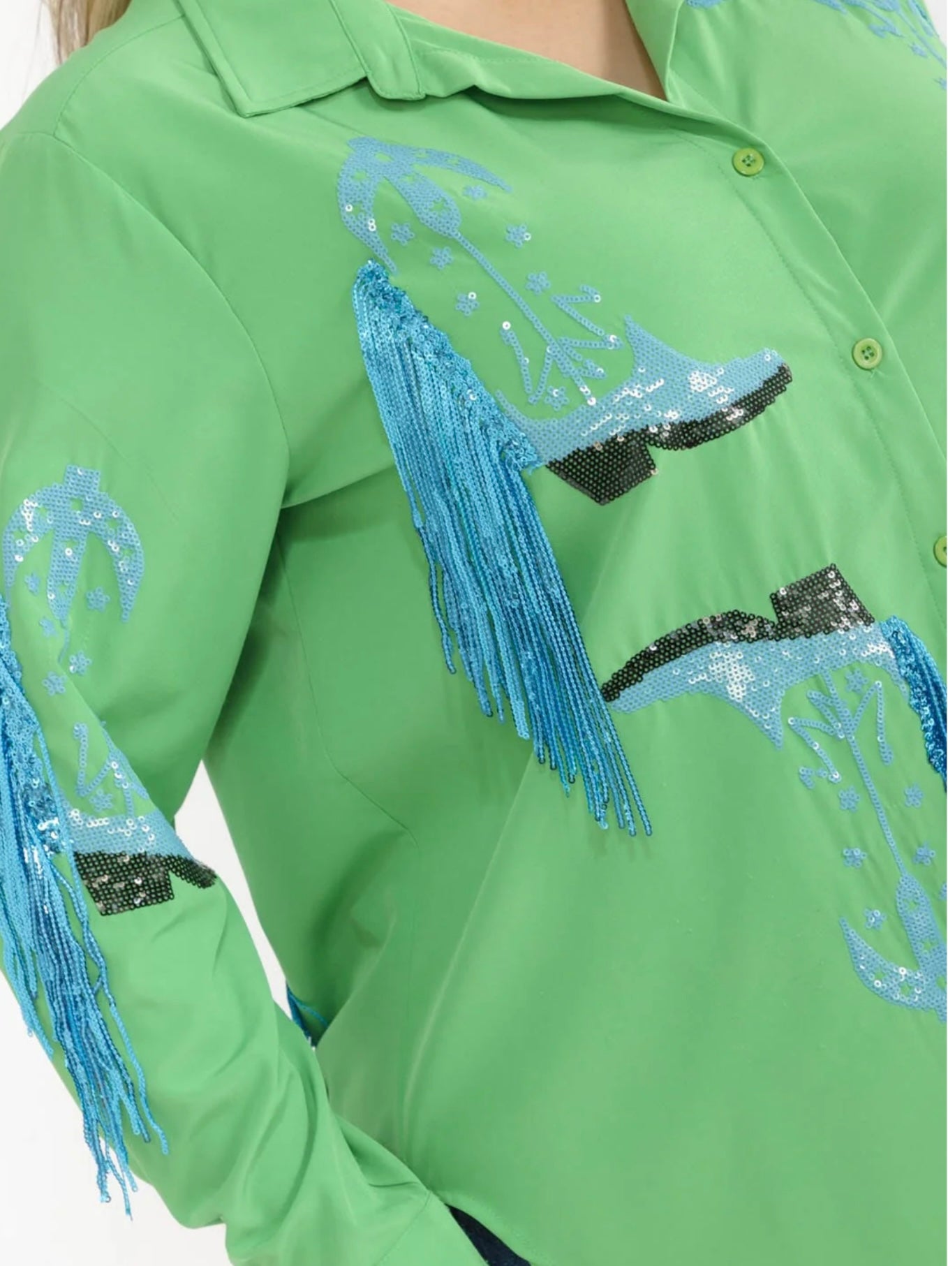 041626 Green With Blue Fringe Plus Size Long Sleeve Sleeve Button Down Sequins Top