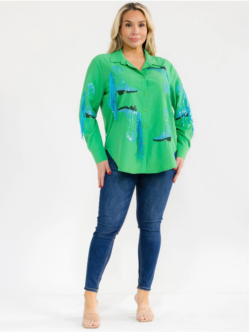 041626 Green With Blue Fringe Plus Size Long Sleeve Sleeve Button Down Sequins Top
