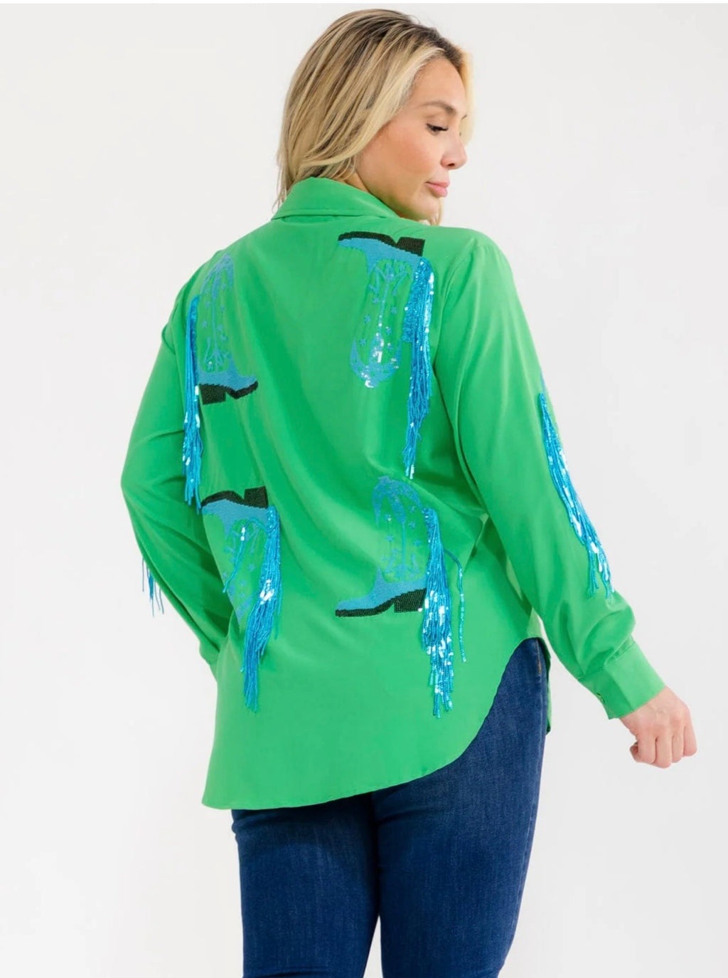 041626 Green With Blue Fringe Plus Size Long Sleeve Sleeve Button Down Sequins Top