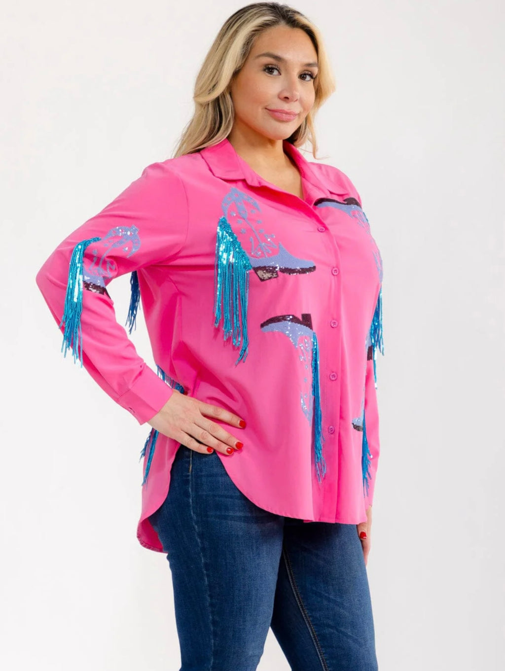 041626 Hot Pink With Blue Fringe Plus Size Long Sleeve Sleeve Button Down Sequins Top