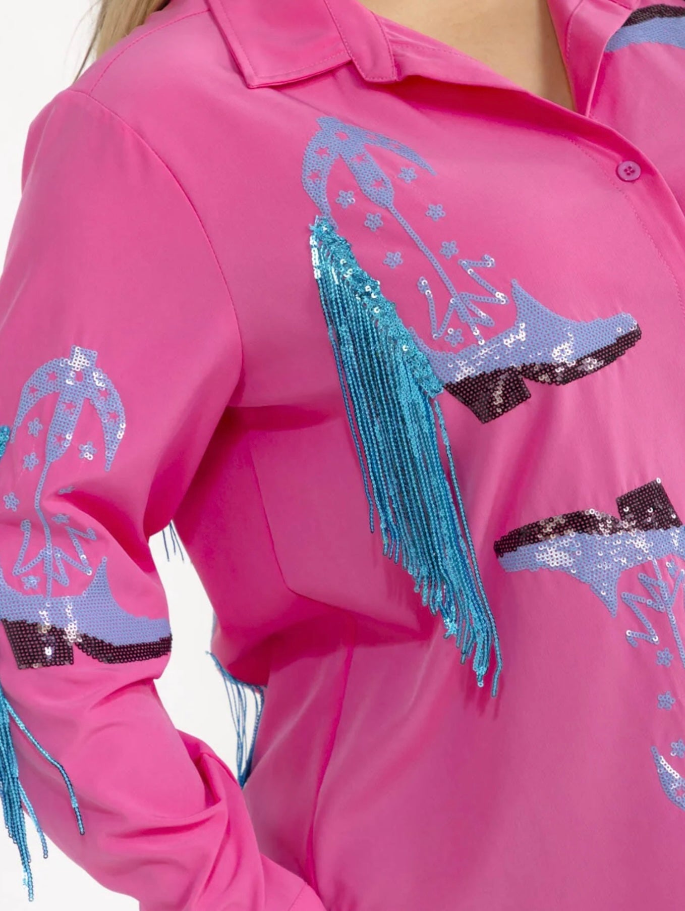 041626 Hot Pink With Blue Fringe Plus Size Long Sleeve Sleeve Button Down Sequins Top
