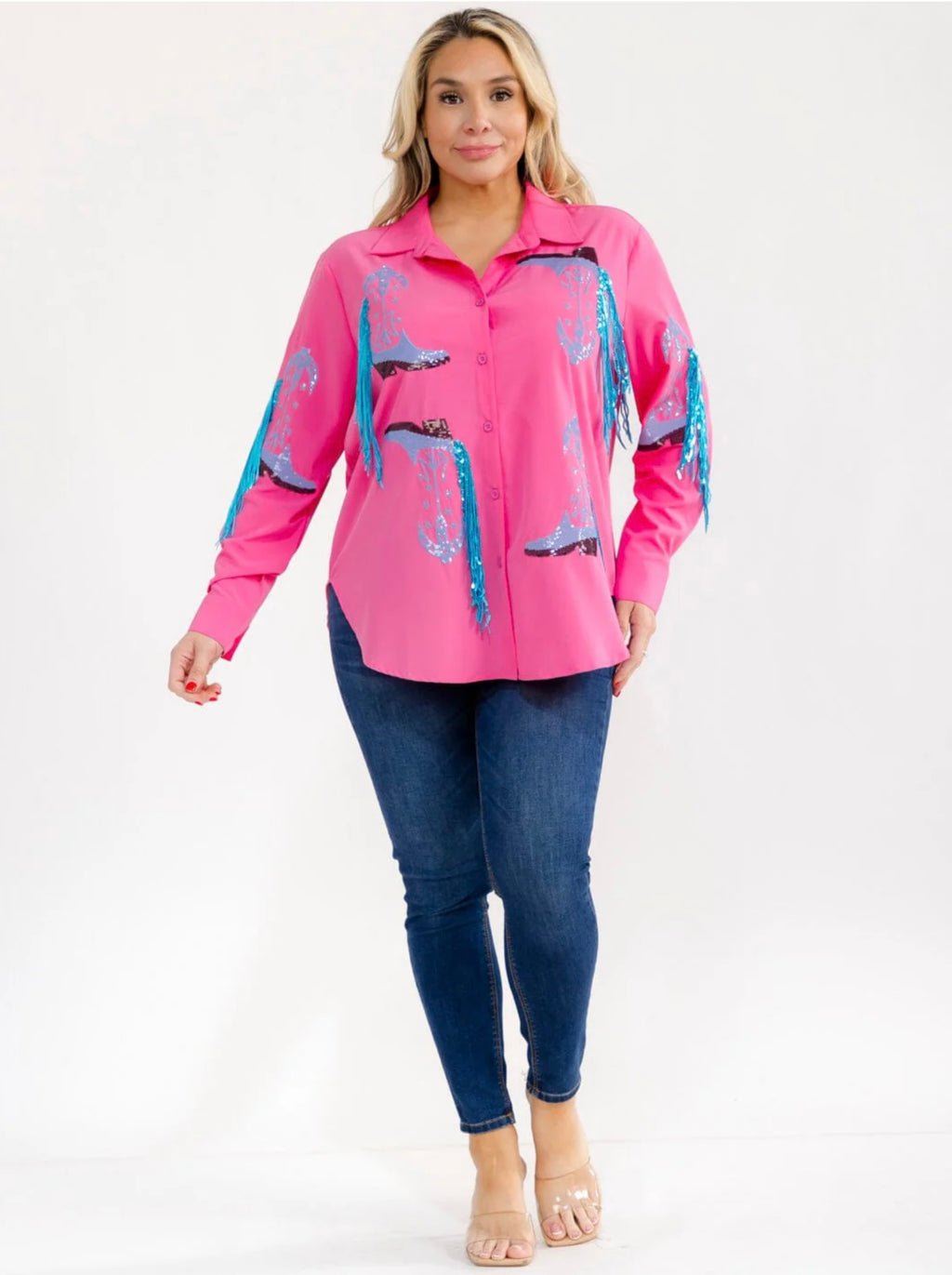 041626 Hot Pink With Blue Fringe Plus Size Long Sleeve Sleeve Button Down Sequins Top