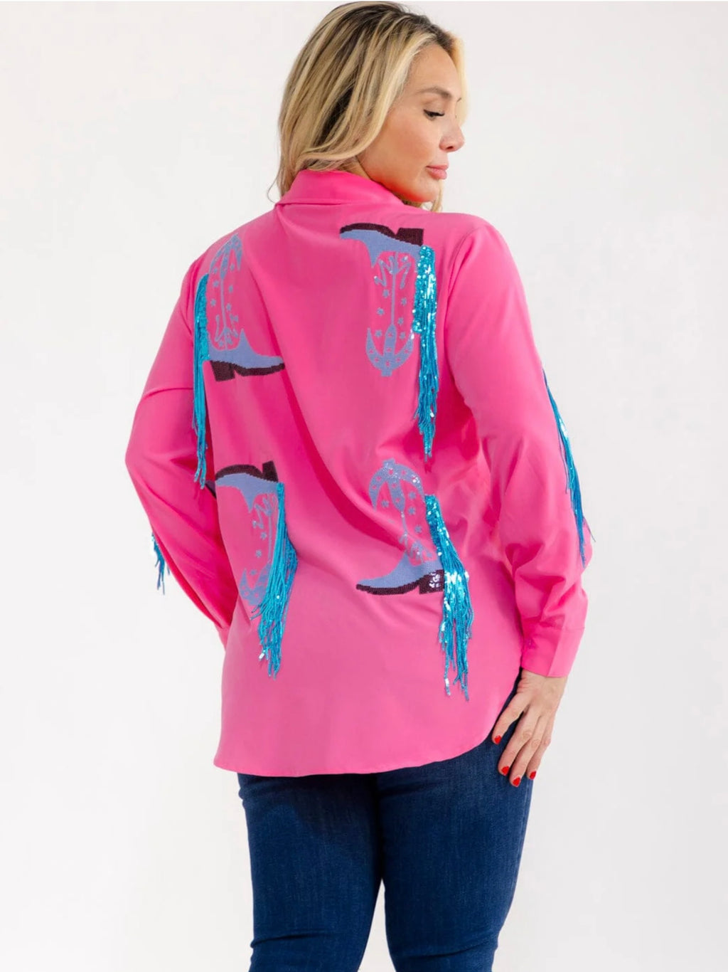 041626 Hot Pink With Blue Fringe Plus Size Long Sleeve Sleeve Button Down Sequins Top