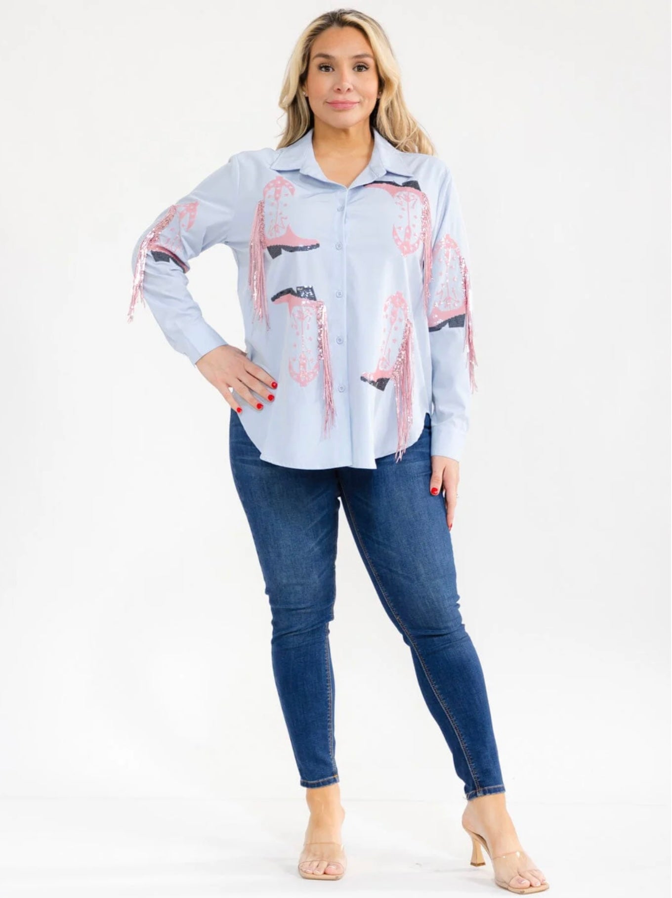 041626 Light Blue  Fringe Plus Size Long Sleeve Sleeve Button Down Sequins Top