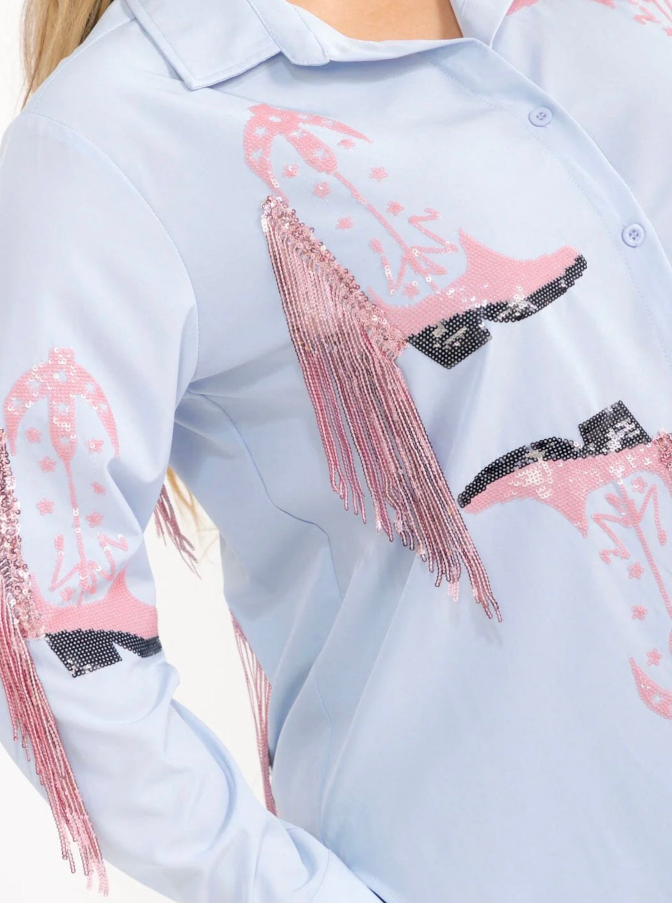 041626 Light Blue  Fringe Plus Size Long Sleeve Sleeve Button Down Sequins Top