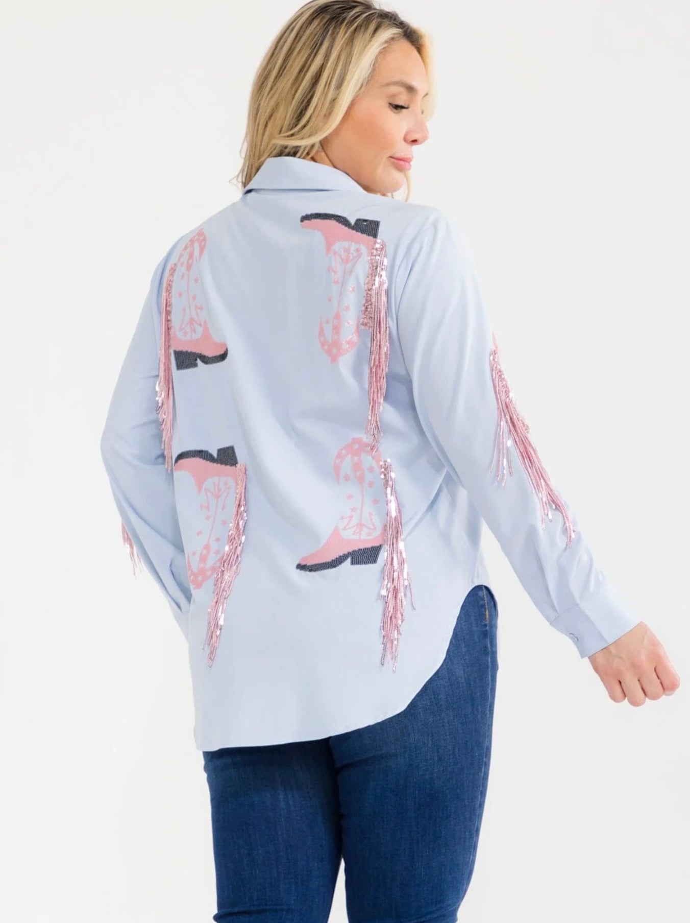 041626 Light Blue  Fringe Plus Size Long Sleeve Sleeve Button Down Sequins Top