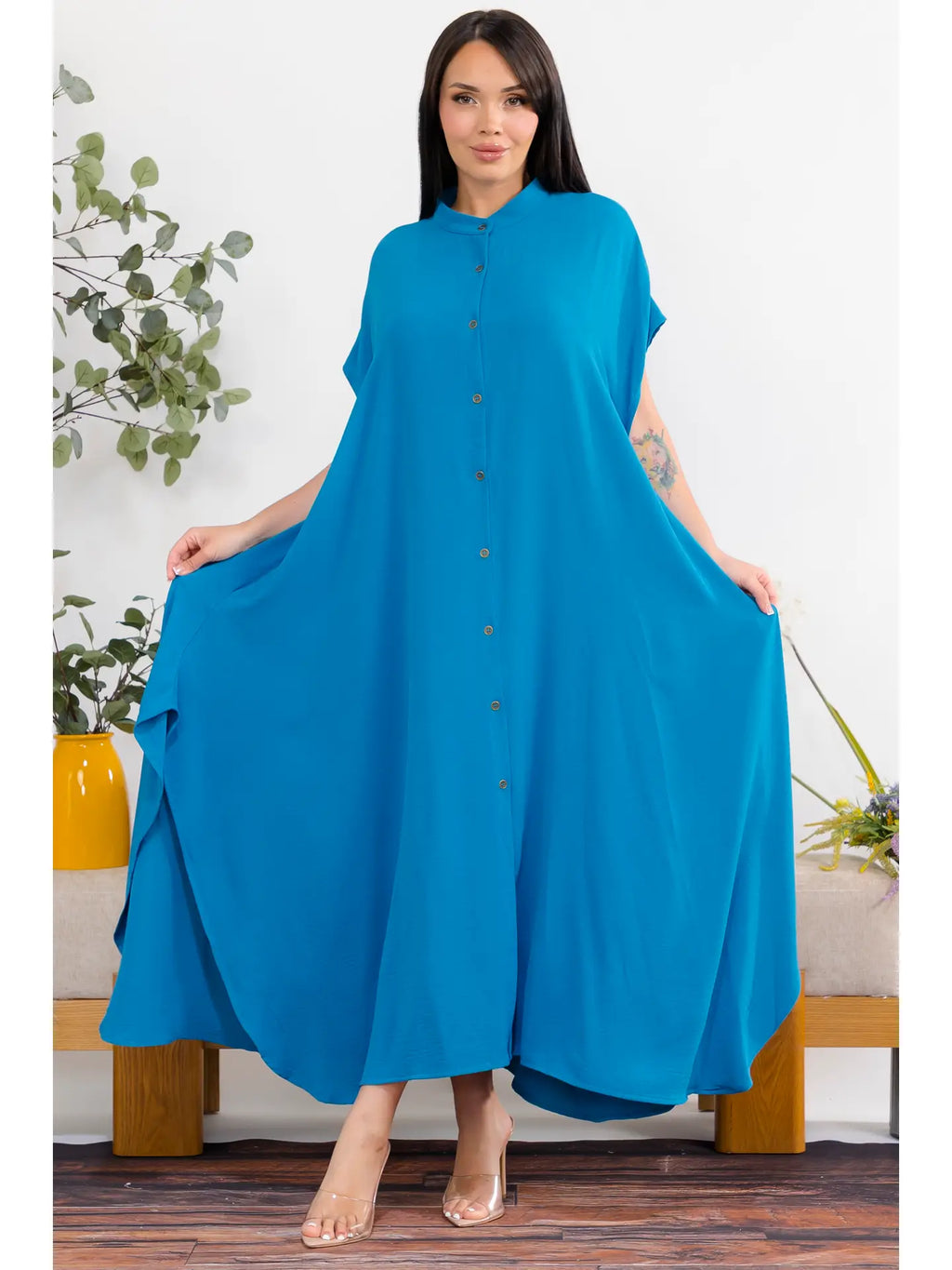 041626 Teal  Relaxed Button Front Oversized Maxi Dress