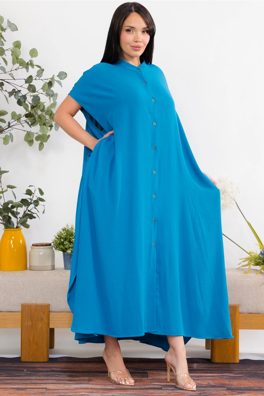 041626 Teal  Relaxed Button Front Oversized Maxi Dress