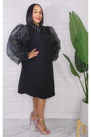 050723 The Black Organza Puffy Sleeves Dress With Rhinestones