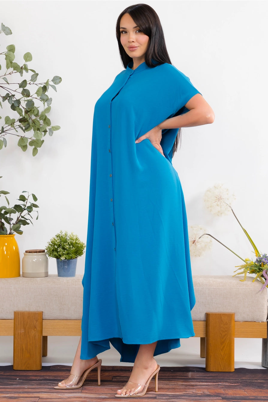 041626 Teal  Relaxed Button Front Oversized Maxi Dress