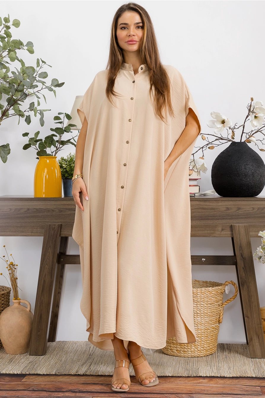 041626 Tan Relaxed Button Front Oversized Maxi Dress