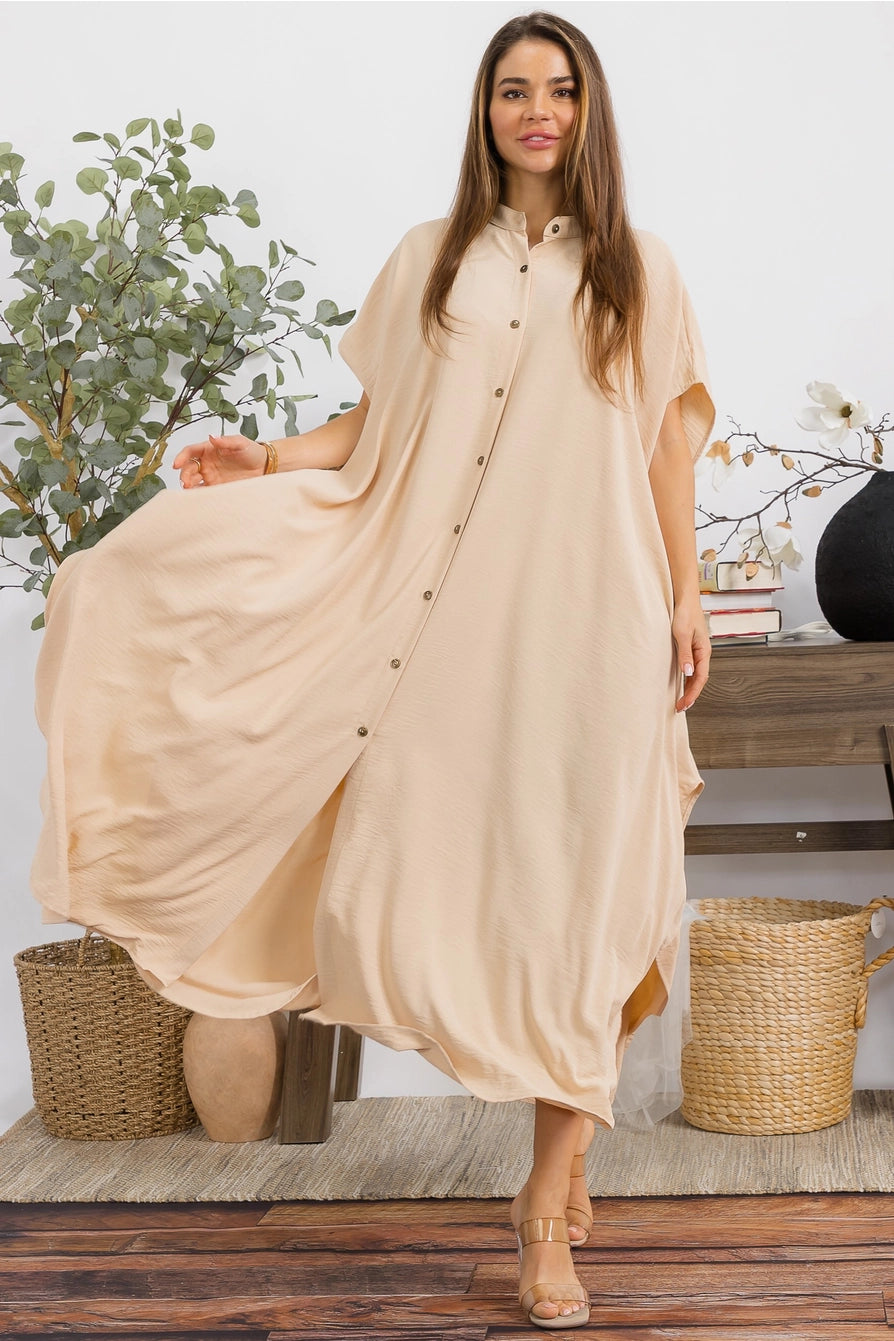 041626 Tan Relaxed Button Front Oversized Maxi Dress