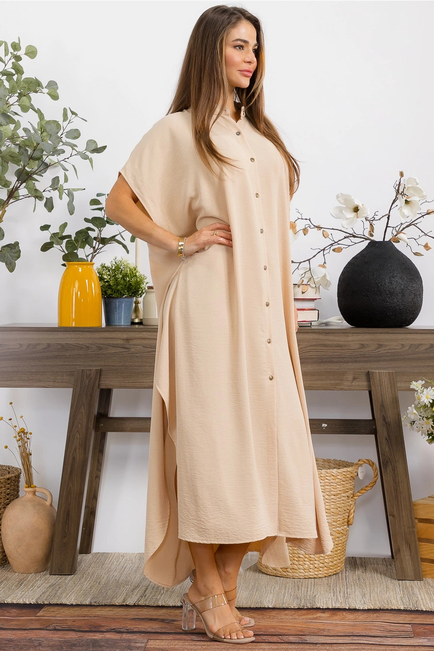 041626 Tan Relaxed Button Front Oversized Maxi Dress
