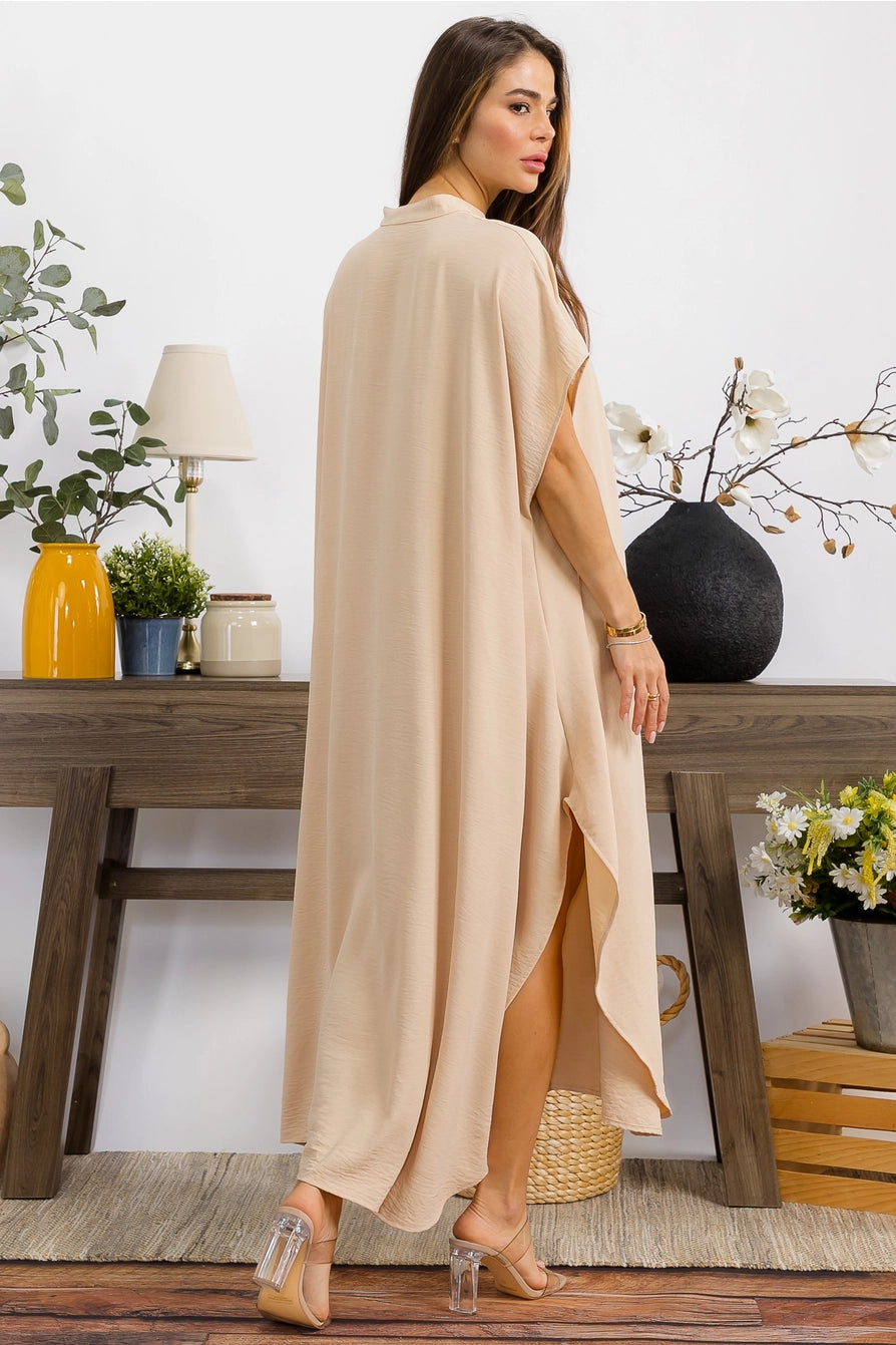 041626 Tan Relaxed Button Front Oversized Maxi Dress