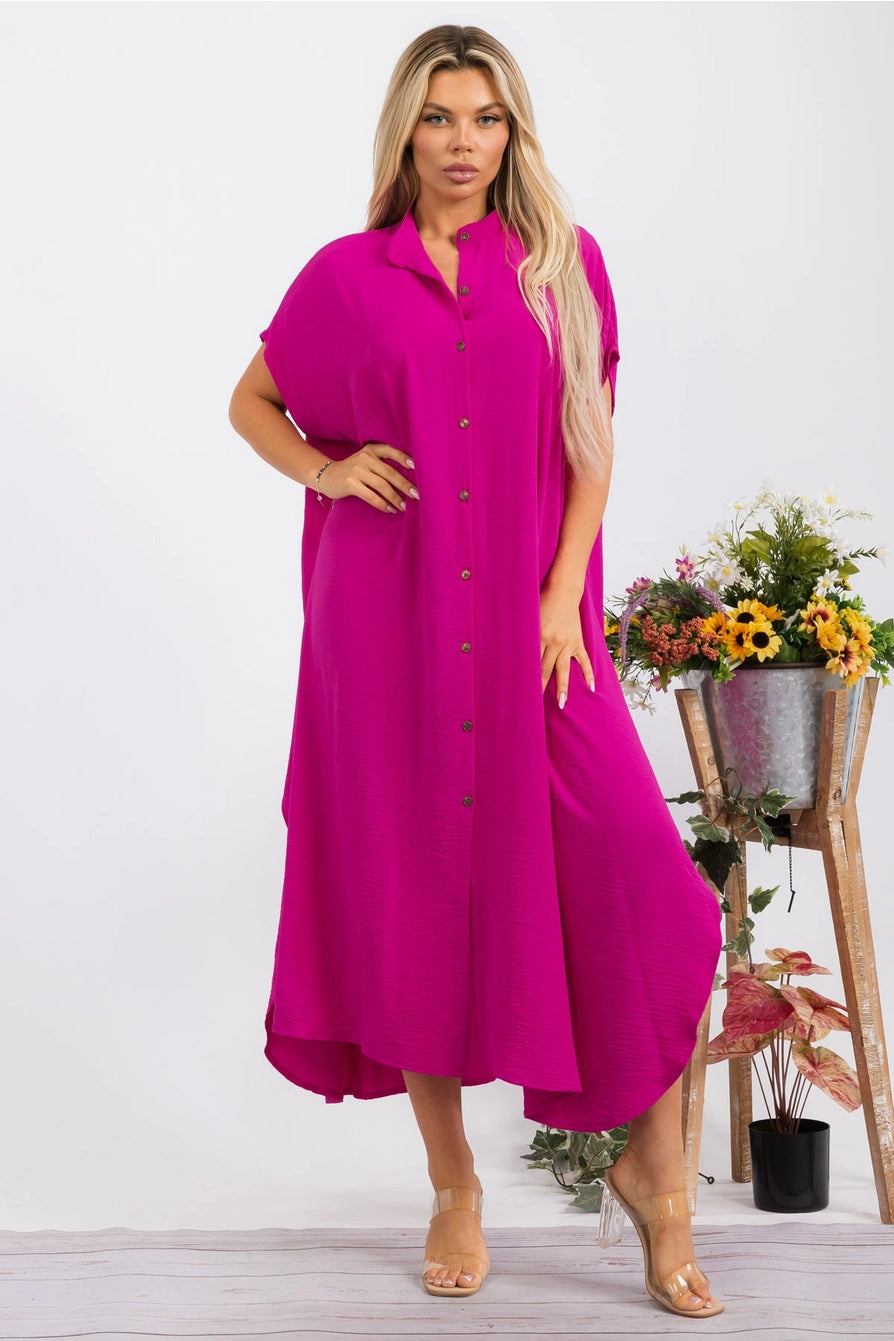 041626 Magenta Relaxed Button Front Oversized Maxi Dress