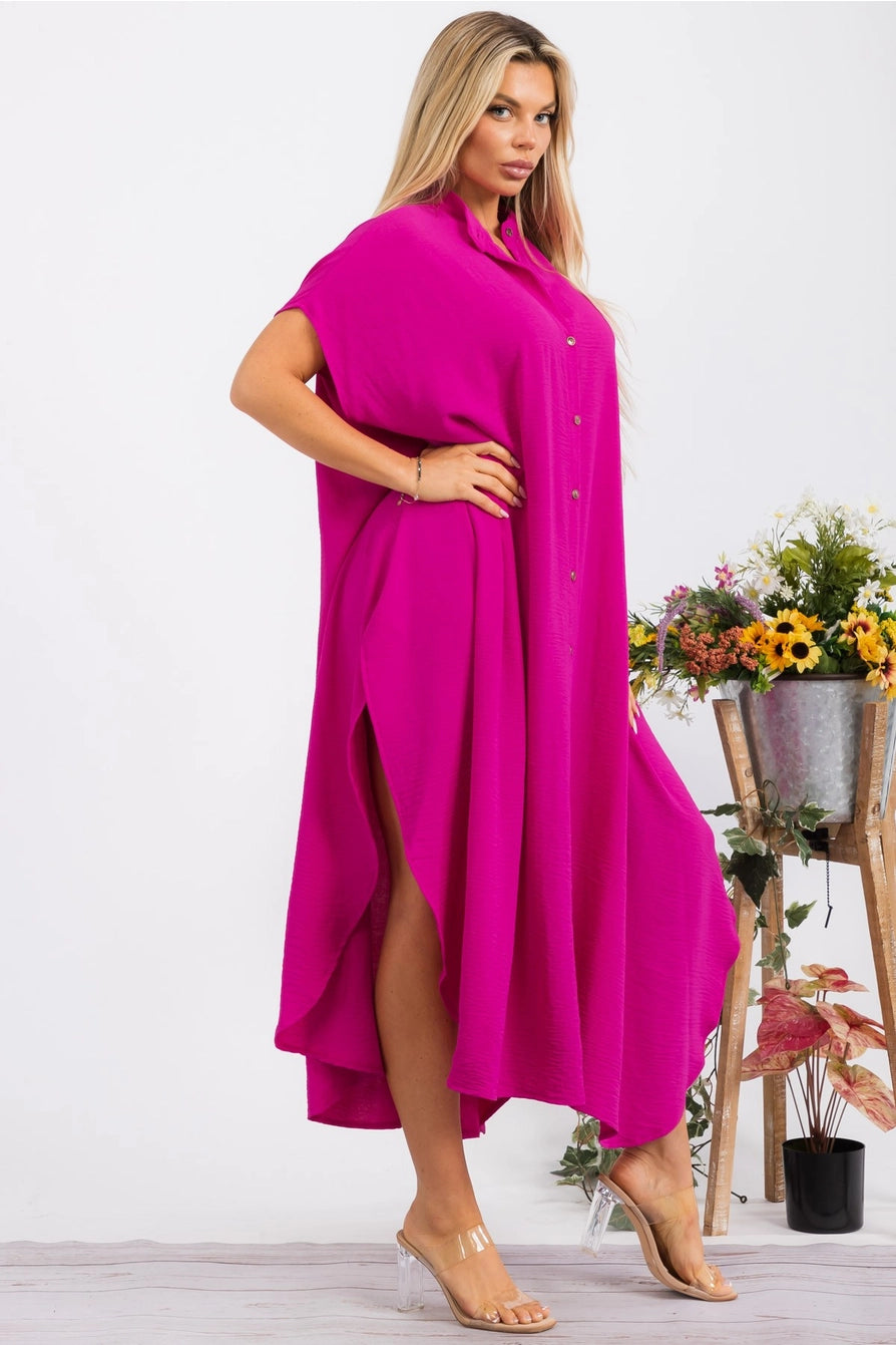 041626 Magenta Relaxed Button Front Oversized Maxi Dress