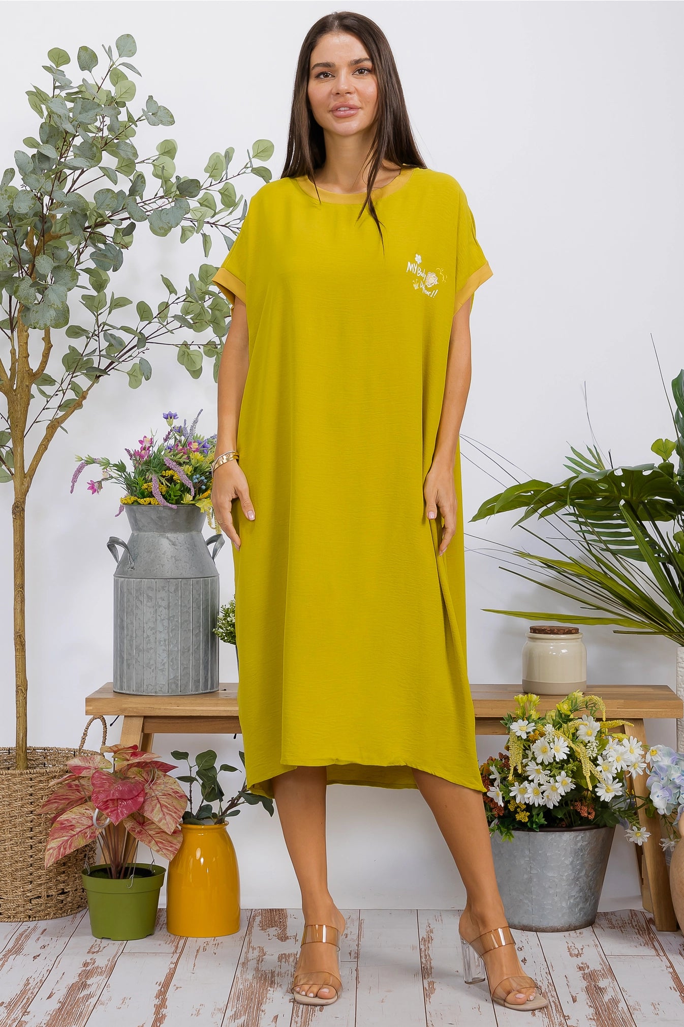 041626 Chartreuse Oversized T-shirt Dress